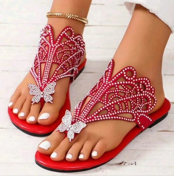 . Shoes - Summer New Genuine Leather Flat & Low-Heeled Cross-Toe Sandals With Rhinestone